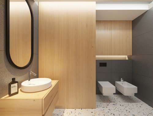 Badkamer met een washok die afgesloten kan worden met schuifdeur