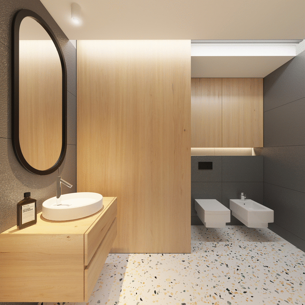 Badkamer met een washok die afgesloten kan worden met schuifdeur