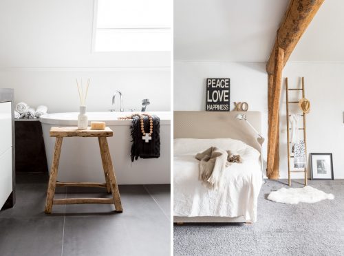 Badkamer met stijlvolle mix van wit, grijs en hout