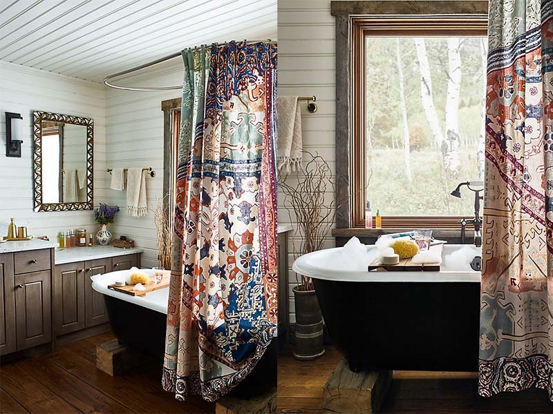 Bohemian badkamer met douchegordijn