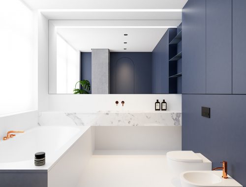 Chique moderne badkamer met kleuren wit, blauw, koper en marmer