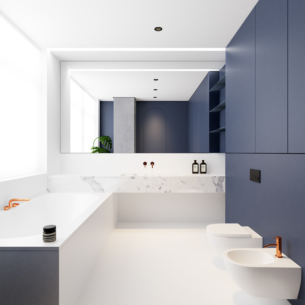 Chique moderne badkamer met kleuren wit, blauw, koper en marmer
