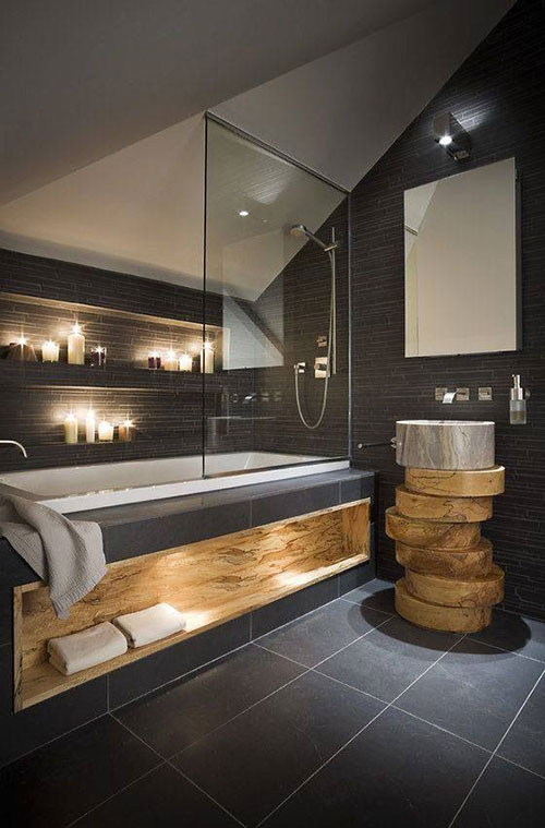 Grijze badkamer met hout