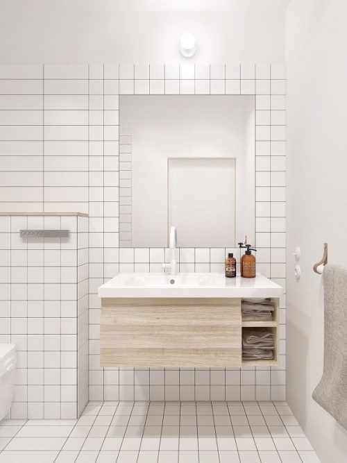 Houten accenten in een minimalistische badkamer