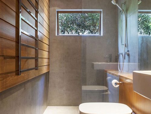 Kleine badkamer met inloopdouche en toilet