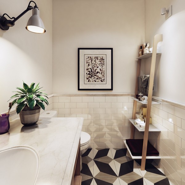 Kleine badkamer met twee soorten patroontegels