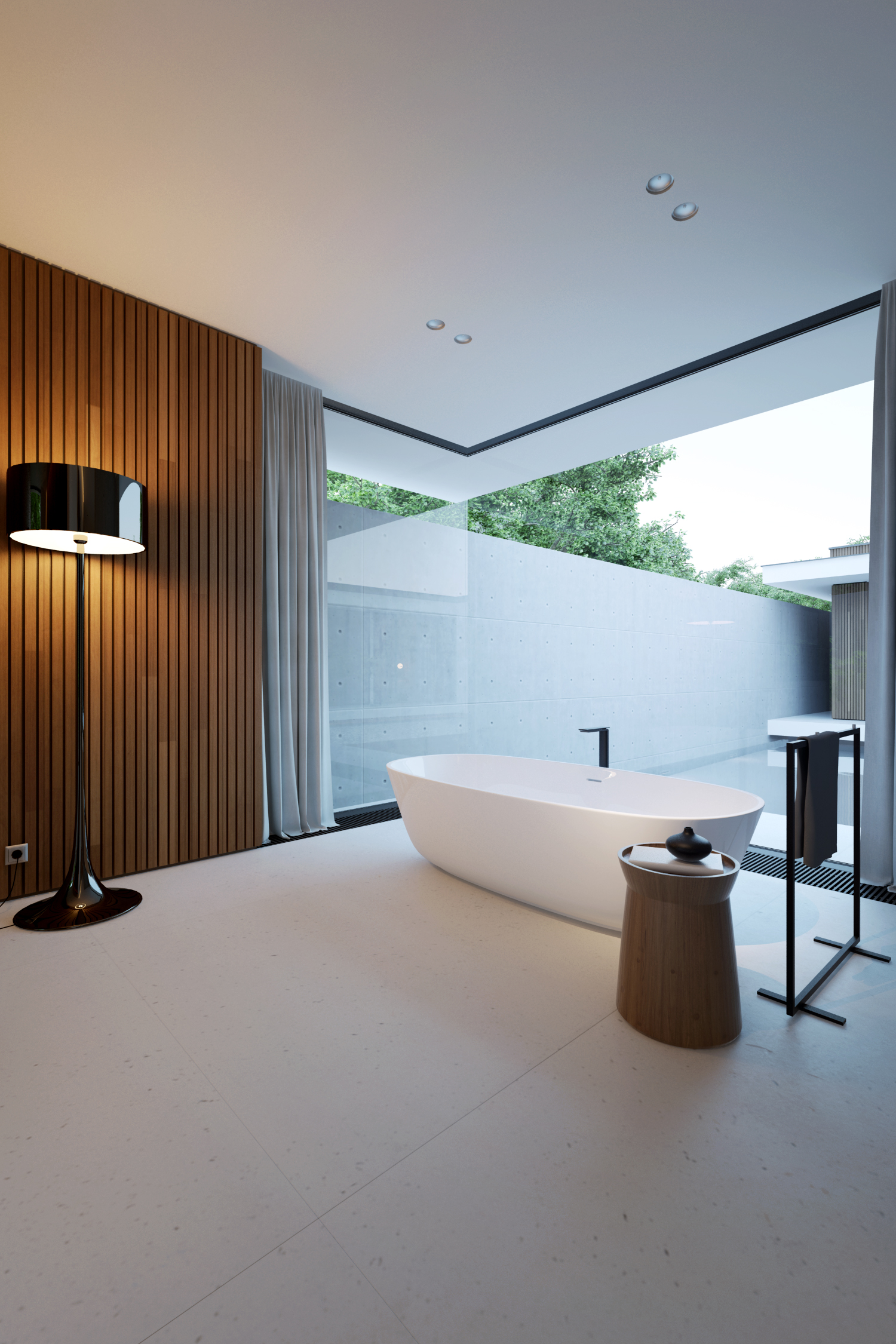 Luxe badkamer met hout, beton en glas