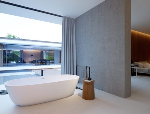 Luxe badkamer met hout, beton en glas