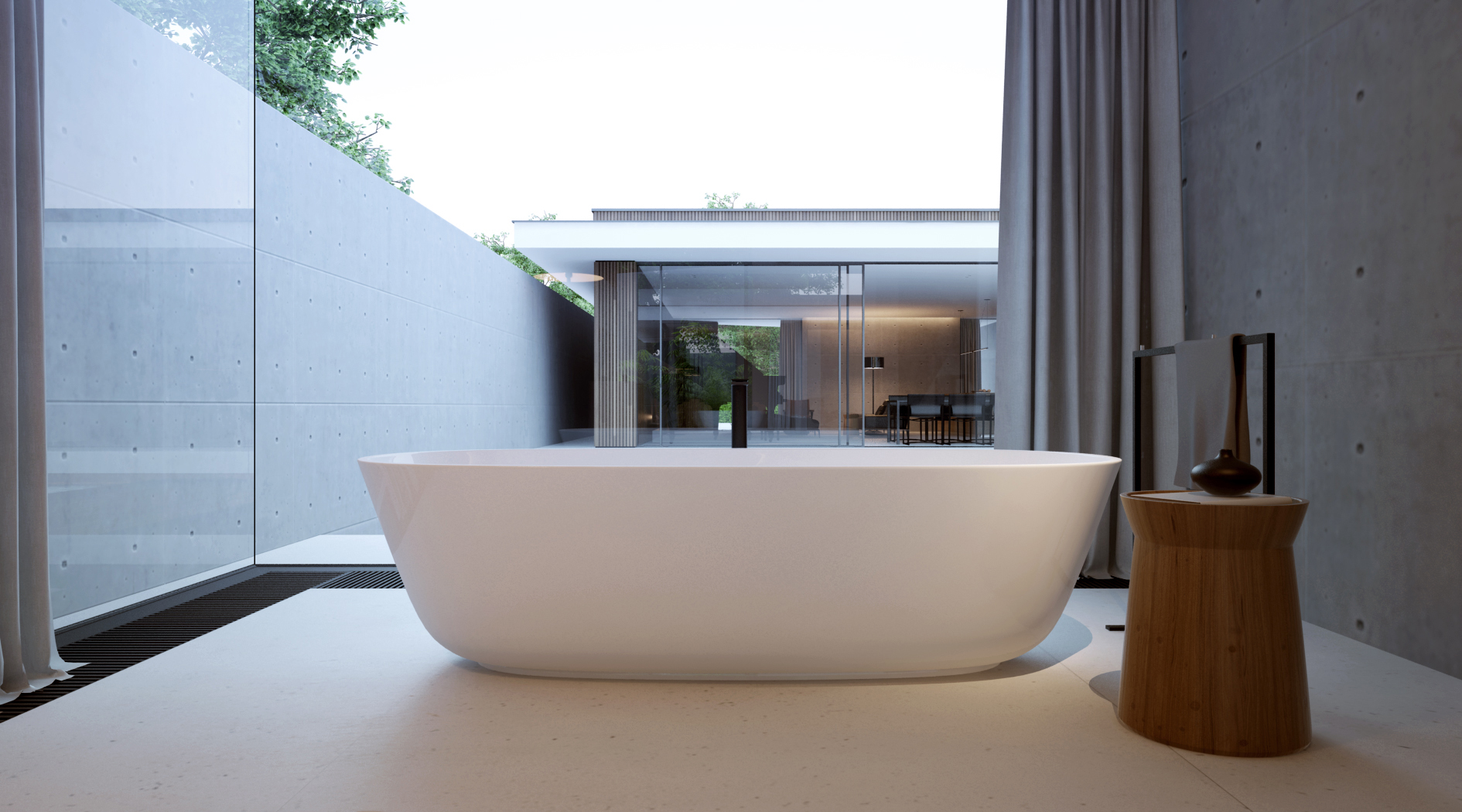 Luxe badkamer met hout, beton en glas