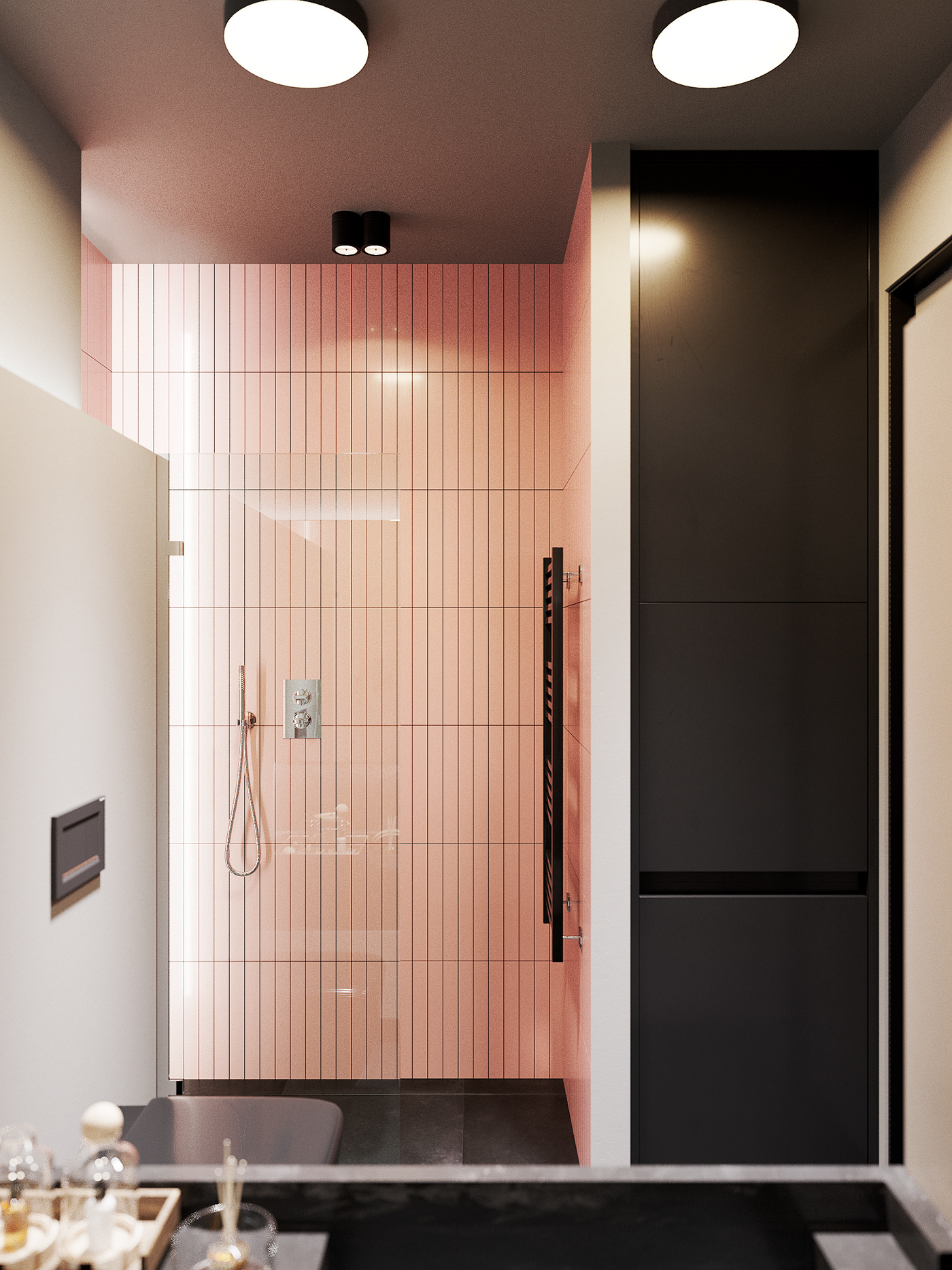 Moderne grijs & roze badkamer