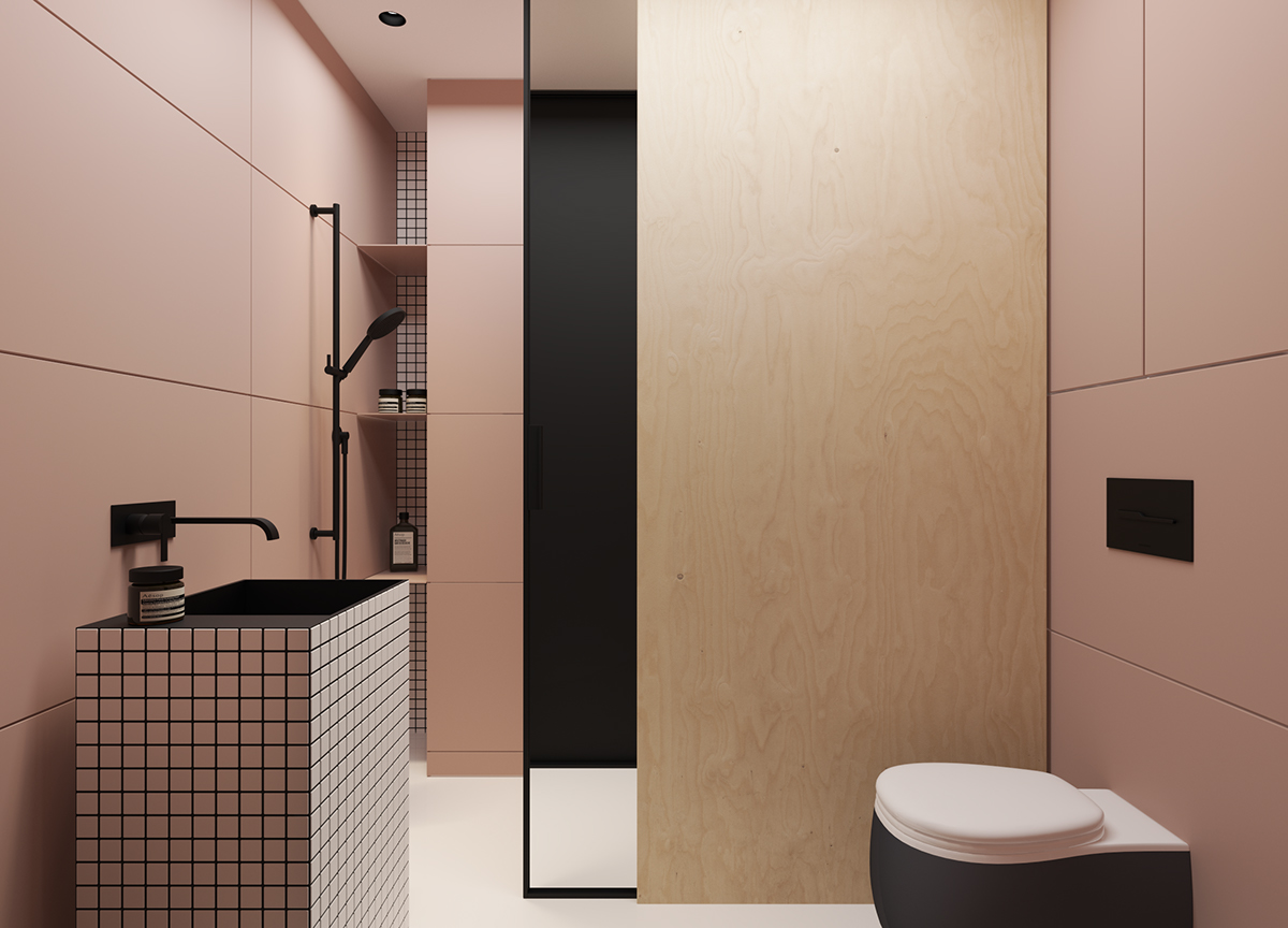 Stoere oud roze kleine badkamer