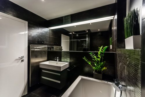 Zwart wit badkamer met groene planten