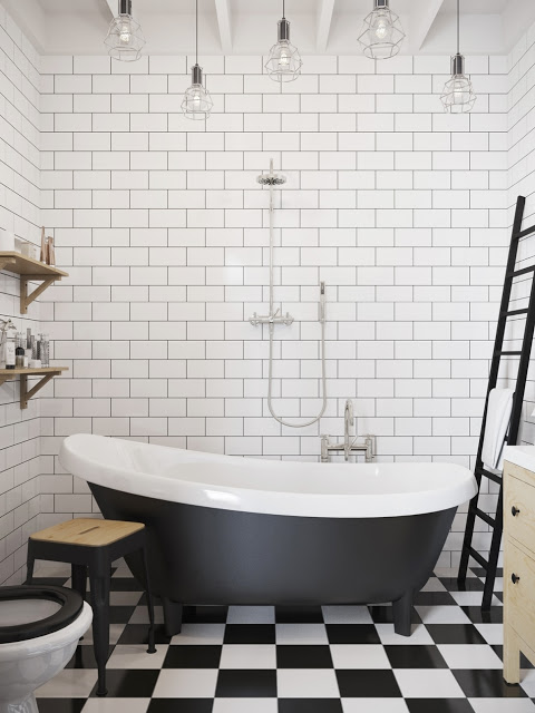 Zwart witte badkamer van mini loft uit Praag